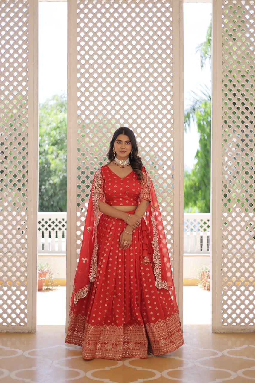 Lorenvalley Red Pure Viscose Jacquard with Double Zari work Lehenga Choli | Grocsy