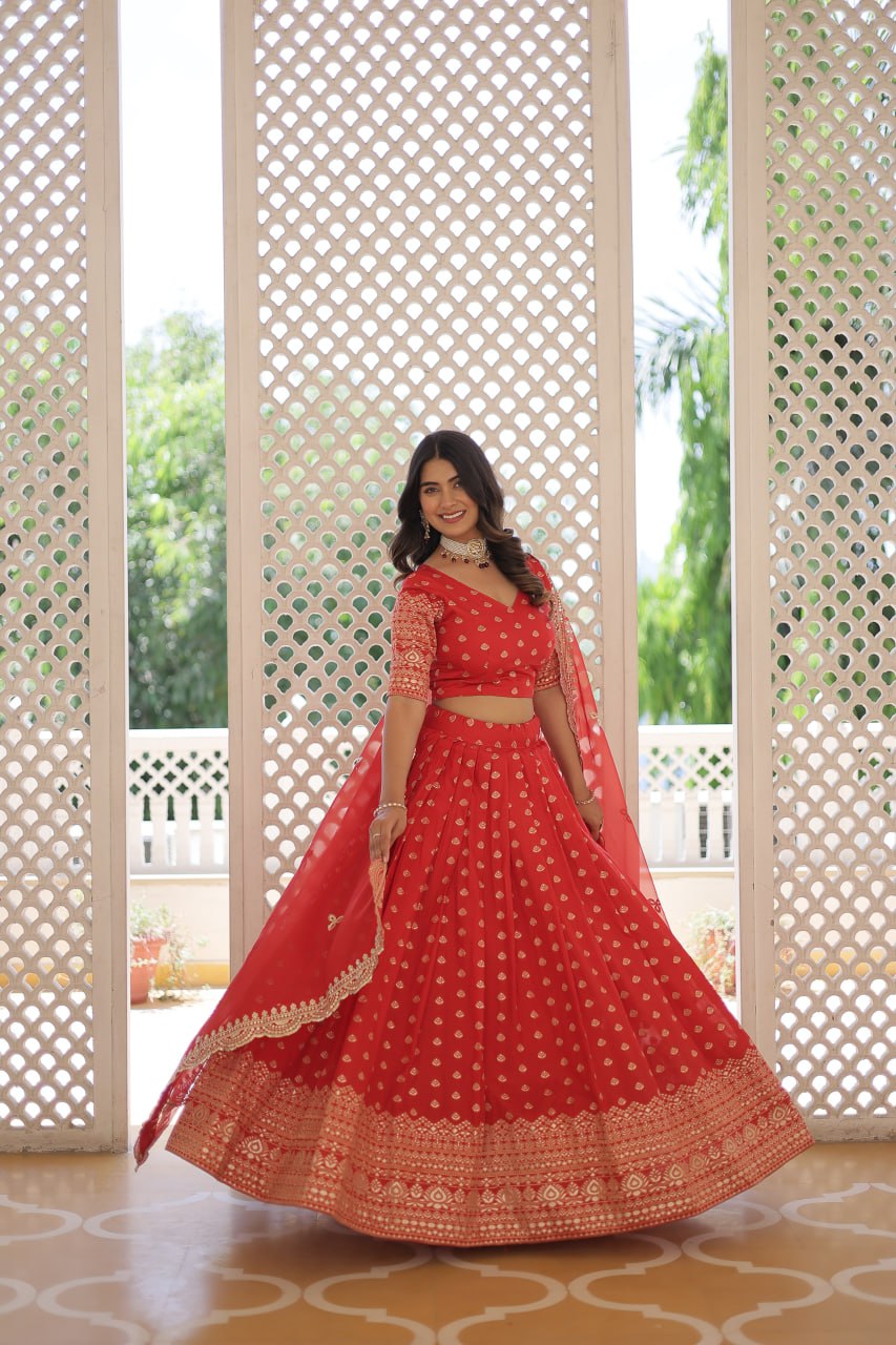 Lorenvalley Red Pure Viscose Jacquard with Double Zari work Lehenga Choli | Grocsy