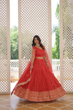 Lorenvalley Red Pure Viscose Jacquard with Double Zari work Lehenga Choli | Grocsy