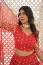 Lorenvalley Red Pure Viscose Jacquard with Double Zari work Lehenga Choli | Grocsy