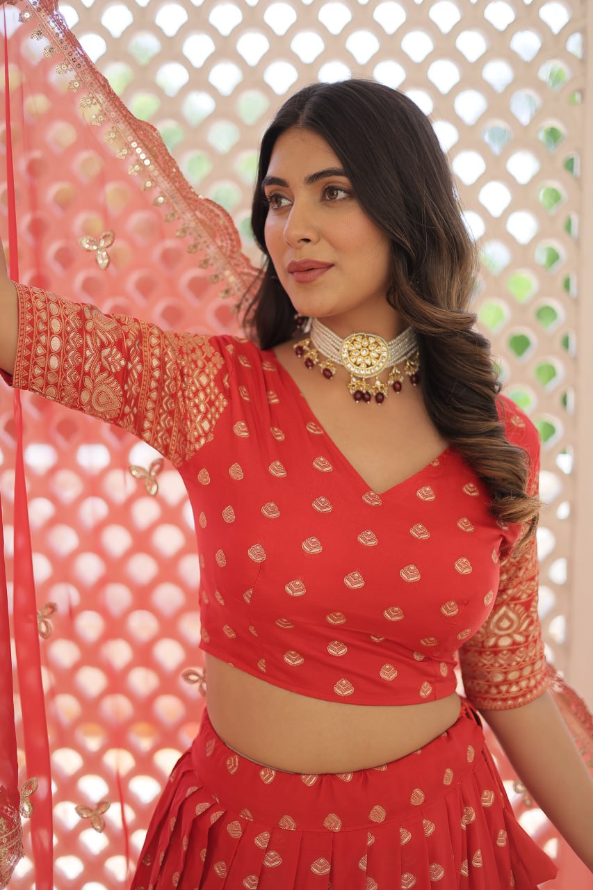 Lorenvalley Red Pure Viscose Jacquard with Double Zari work Lehenga Choli | Grocsy