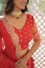Lorenvalley Red Pure Viscose Jacquard with Double Zari work Lehenga Choli | Grocsy