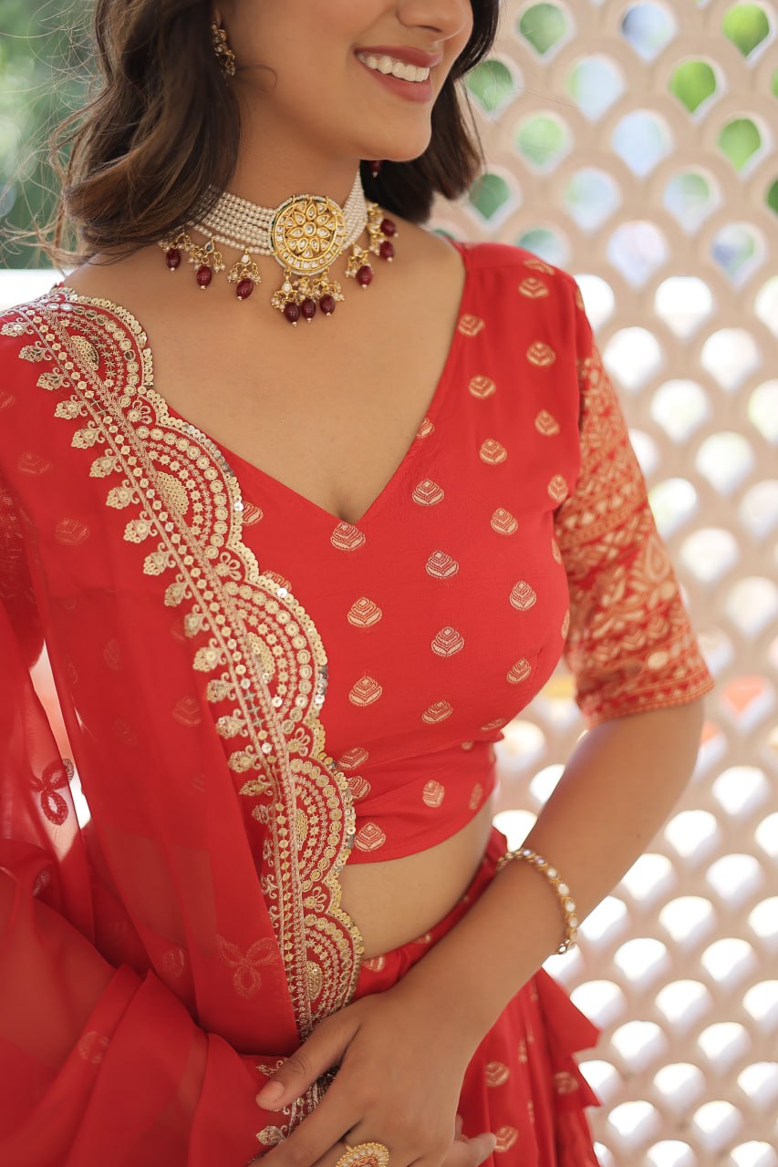 Lorenvalley Red Pure Viscose Jacquard with Double Zari work Lehenga Choli | Grocsy