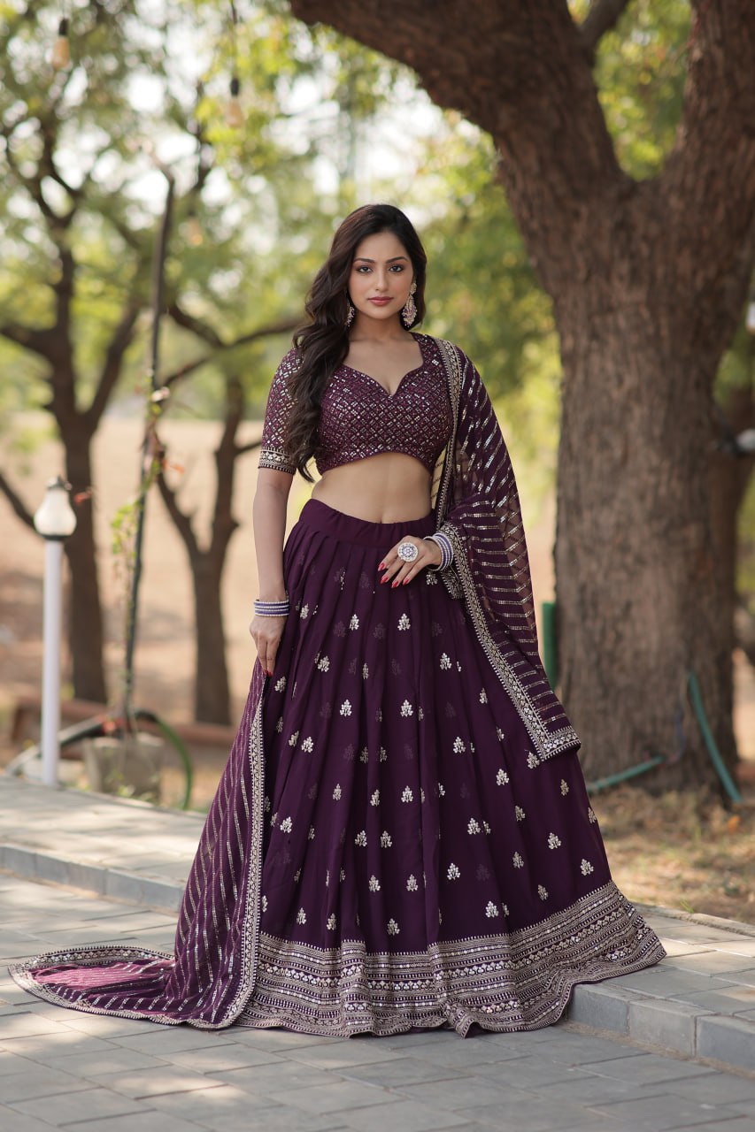 Lorenvalley Purple Faux Blooming Georgette with Sequins & Thread Embroidered work Lehenga Choli | Grocsy
