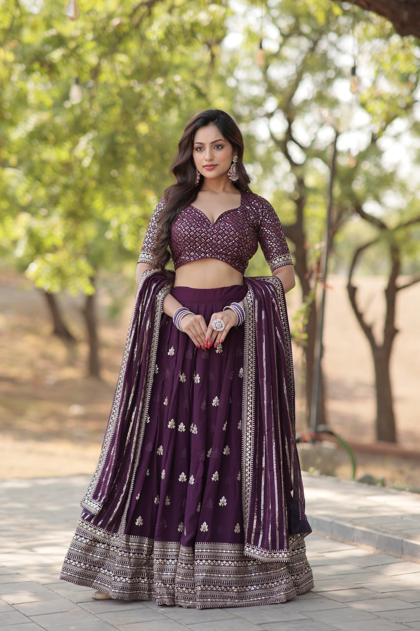 Lorenvalley Purple Faux Blooming Georgette with Sequins & Thread Embroidered work Lehenga Choli | Grocsy