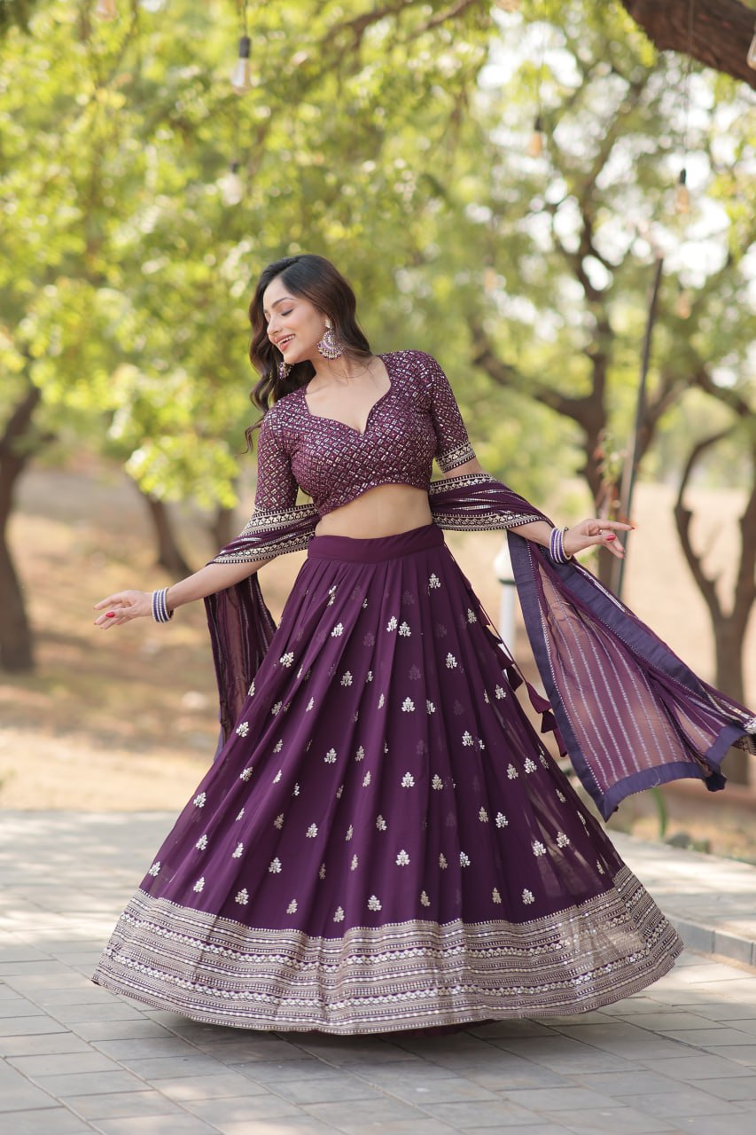 Lorenvalley Purple Faux Blooming Georgette with Sequins & Thread Embroidered work Lehenga Choli | Grocsy