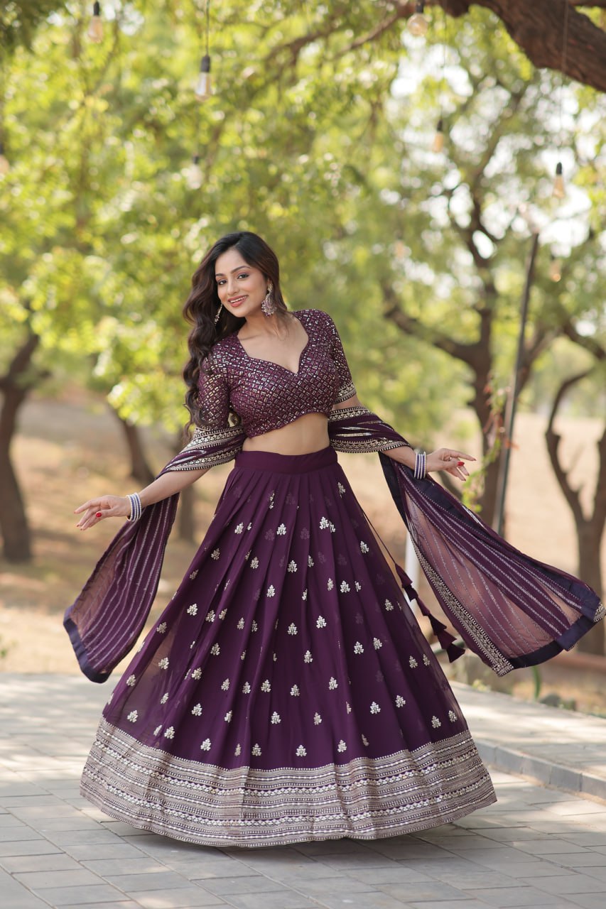 Lorenvalley Purple Faux Blooming Georgette with Sequins & Thread Embroidered work Lehenga Choli | Grocsy