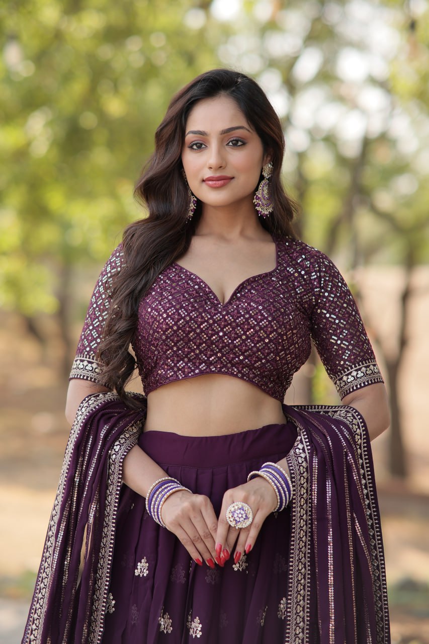 Lorenvalley Purple Faux Blooming Georgette with Sequins & Thread Embroidered work Lehenga Choli | Grocsy