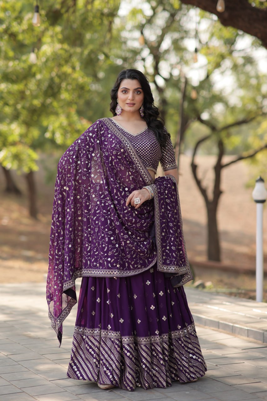 Lorenvalley Purple Faux Blooming Georgette with Sequins & Thread Embroidered work Lehenga Choli | Grocsy