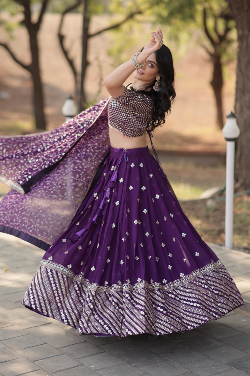 Lorenvalley Purple Faux Blooming Georgette with Sequins & Thread Embroidered work Lehenga Choli | Grocsy