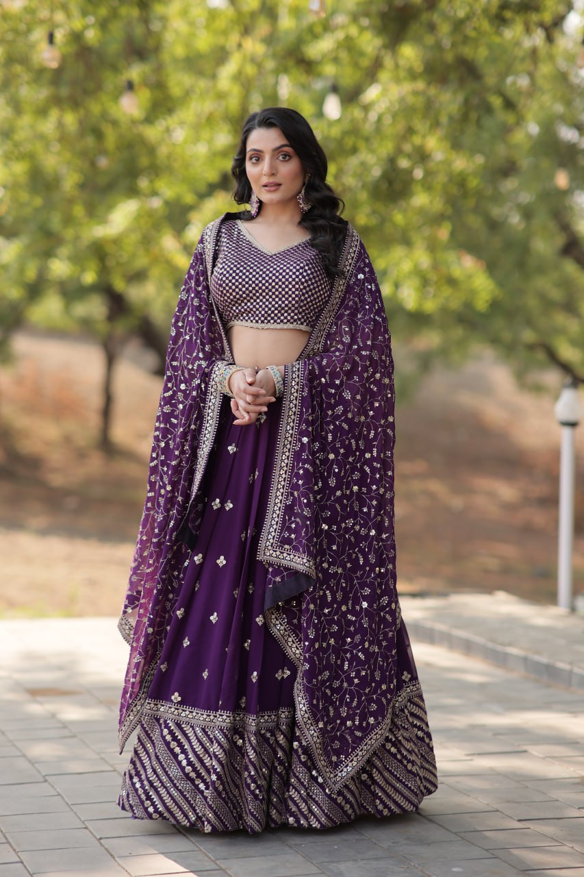 Lorenvalley Purple Faux Blooming Georgette with Sequins & Thread Embroidered work Lehenga Choli | Grocsy