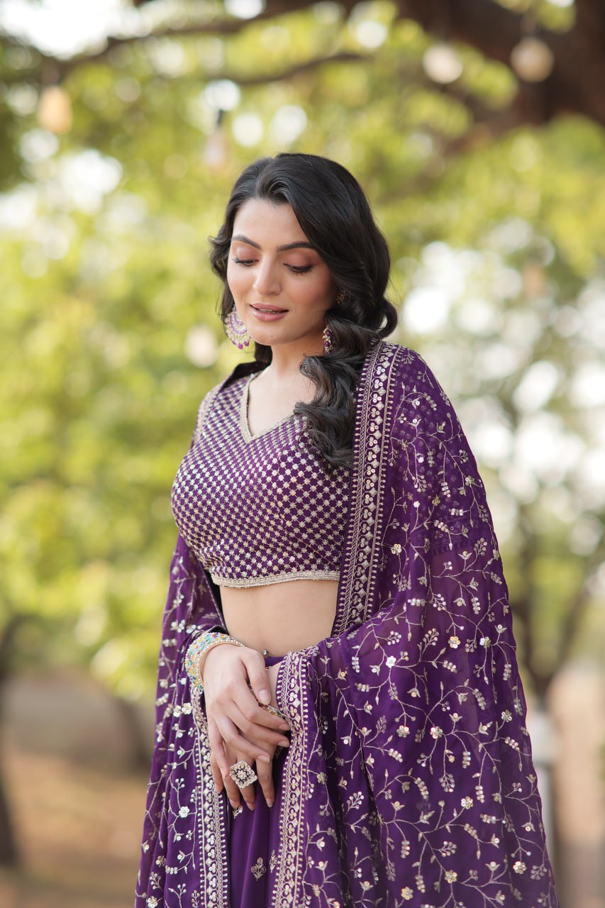 Lorenvalley Purple Faux Blooming Georgette with Sequins & Thread Embroidered work Lehenga Choli | Grocsy