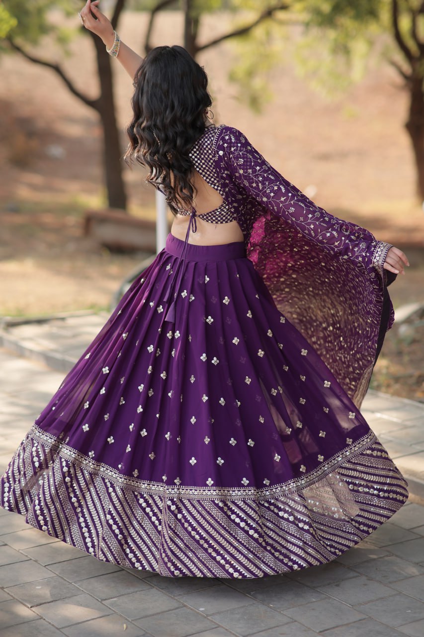 Lorenvalley Purple Faux Blooming Georgette with Sequins & Thread Embroidered work Lehenga Choli | Grocsy