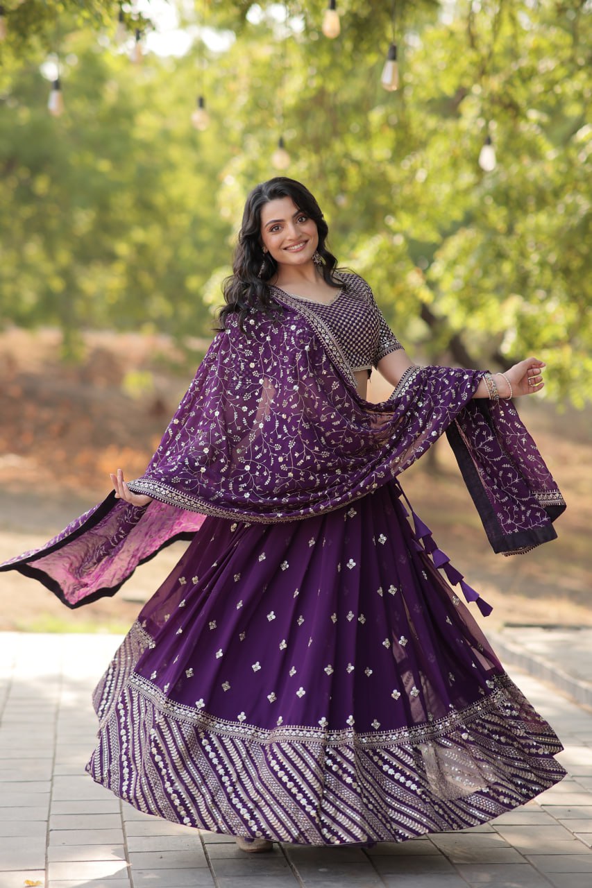 Lorenvalley Purple Faux Blooming Georgette with Sequins & Thread Embroidered work Lehenga Choli | Grocsy