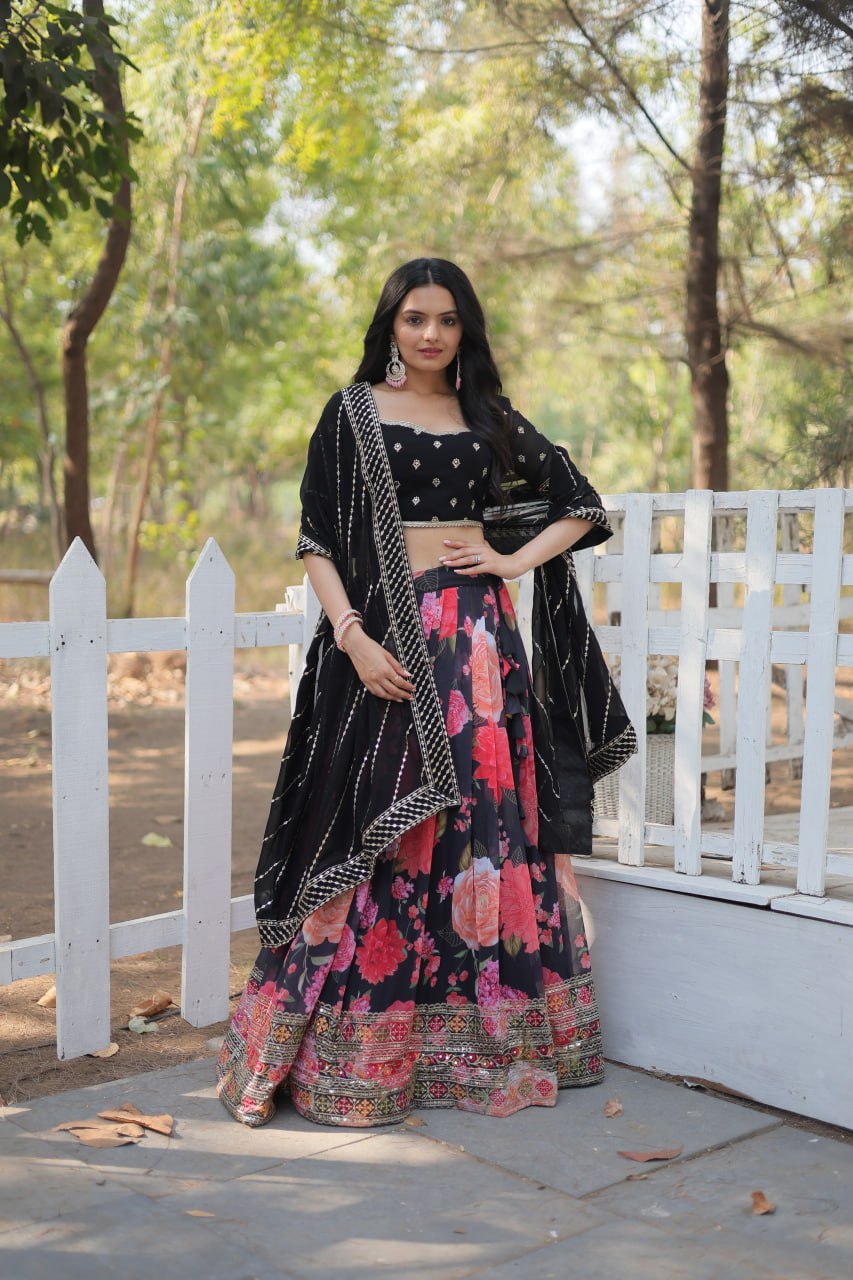 Lorenvalley Black Faux Georgette Digital Printed with Sequins & Thread Embroidered work Lehenga Choli | Grocsy