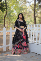 Lorenvalley Black Faux Georgette Digital Printed with Sequins & Thread Embroidered work Lehenga Choli | Grocsy