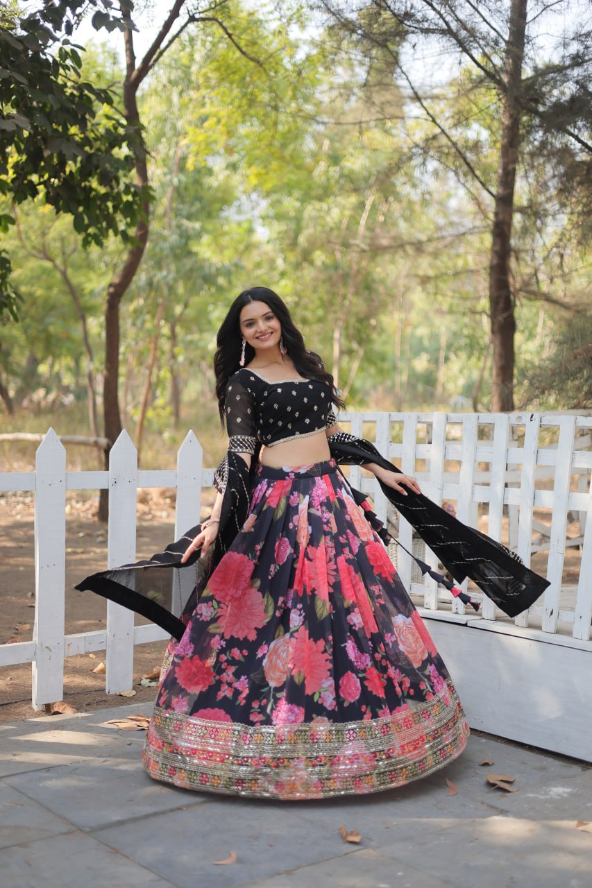 Lorenvalley Black Faux Georgette Digital Printed with Sequins & Thread Embroidered work Lehenga Choli | Grocsy