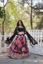 Lorenvalley Black Faux Georgette Digital Printed with Sequins & Thread Embroidered work Lehenga Choli | Grocsy