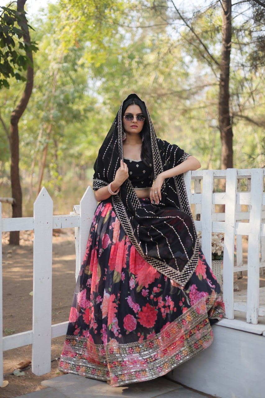 Lorenvalley Black Faux Georgette Digital Printed with Sequins & Thread Embroidered work Lehenga Choli | Grocsy