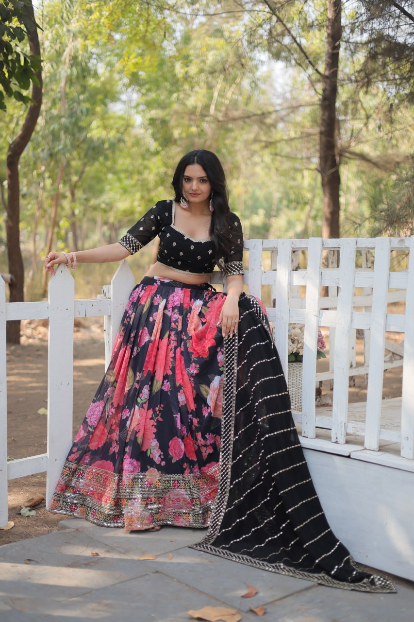 Lorenvalley Black Faux Georgette Digital Printed with Sequins & Thread Embroidered work Lehenga Choli | Grocsy
