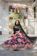 Lorenvalley Black Faux Georgette Digital Printed with Sequins & Thread Embroidered work Lehenga Choli | Grocsy