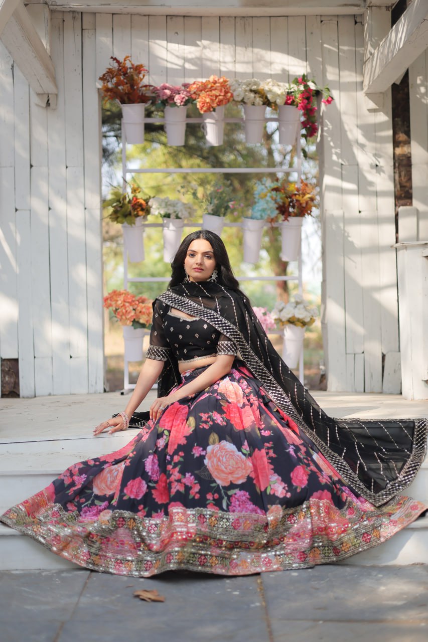 Lorenvalley Black Faux Georgette Digital Printed with Sequins & Thread Embroidered work Lehenga Choli | Grocsy