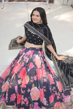 Lorenvalley Black Faux Georgette Digital Printed with Sequins & Thread Embroidered work Lehenga Choli | Grocsy