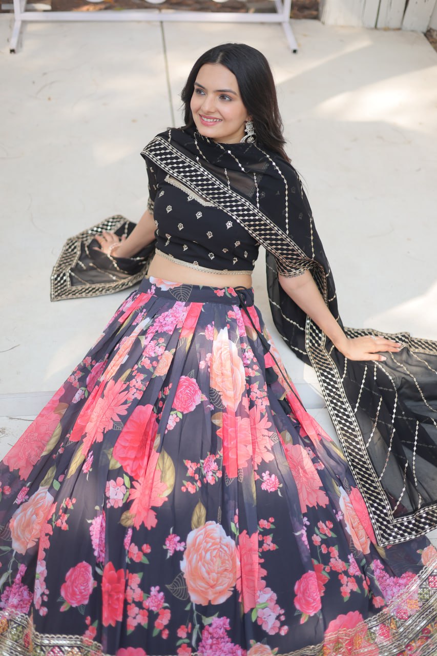 Lorenvalley Black Faux Georgette Digital Printed with Sequins & Thread Embroidered work Lehenga Choli | Grocsy
