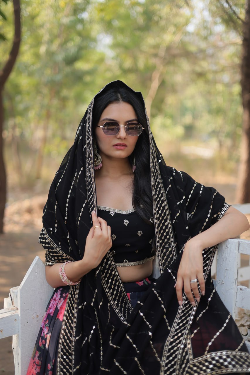 Lorenvalley Black Faux Georgette Digital Printed with Sequins & Thread Embroidered work Lehenga Choli | Grocsy