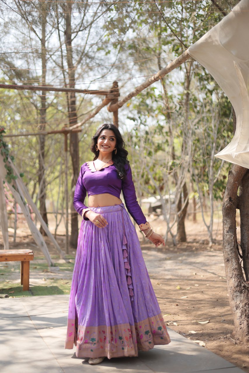 Lorenvalley Lavender Pure Viscose Jacquard with Kalamkari Jari Border Lehenga Choli | Grocsy