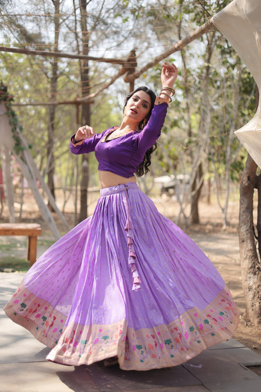 Lorenvalley Lavender Pure Viscose Jacquard with Kalamkari Jari Border Lehenga Choli | Grocsy