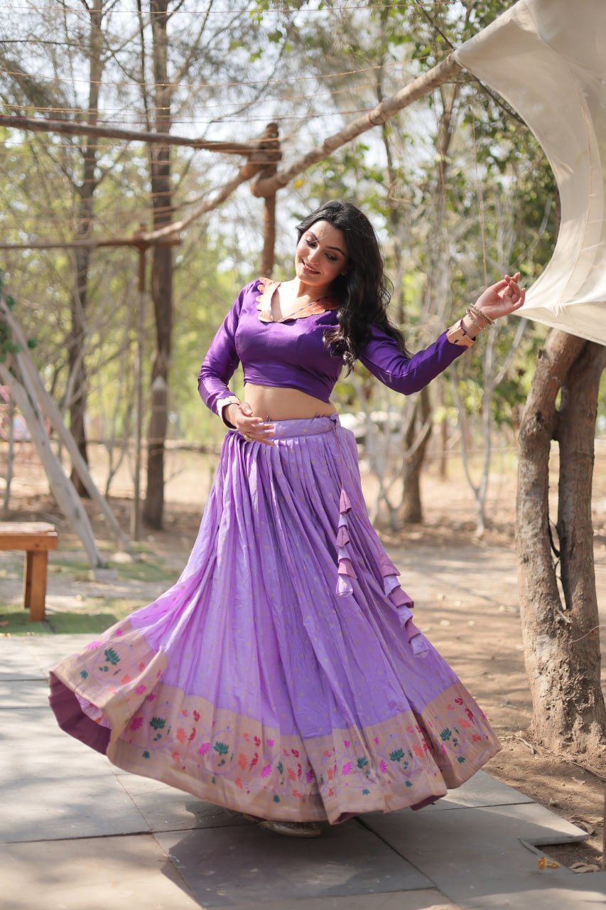 Lorenvalley Lavender Pure Viscose Jacquard with Kalamkari Jari Border Lehenga Choli | Grocsy