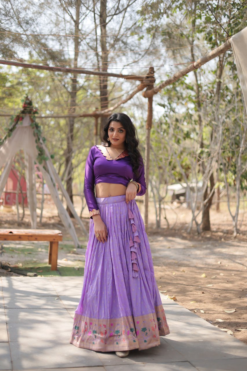 Lorenvalley Lavender Pure Viscose Jacquard with Kalamkari Jari Border Lehenga Choli | Grocsy