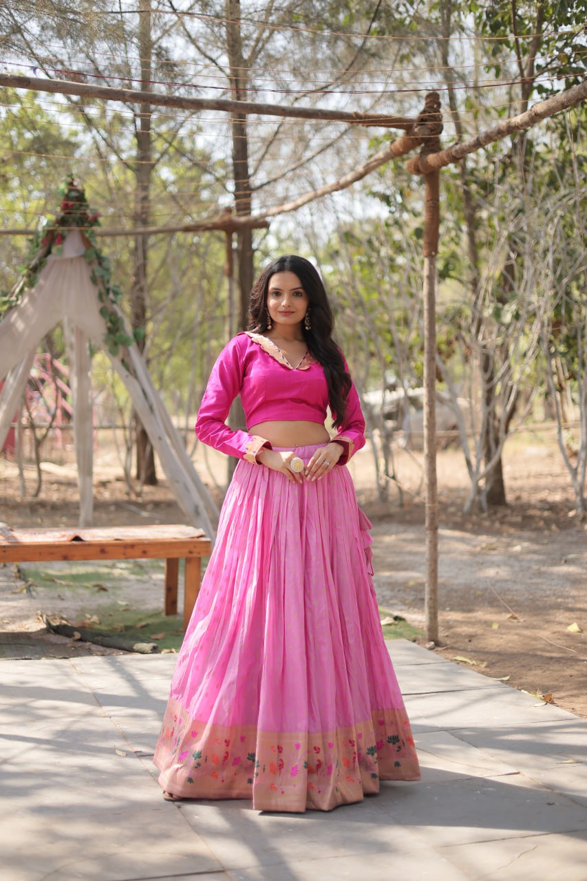 Lorenvalley Pink Pure Viscose Jacquard with Kalamkari Jari Border Lehenga Choli | Grocsy