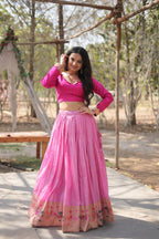 Lorenvalley Pink Pure Viscose Jacquard with Kalamkari Jari Border Lehenga Choli | Grocsy