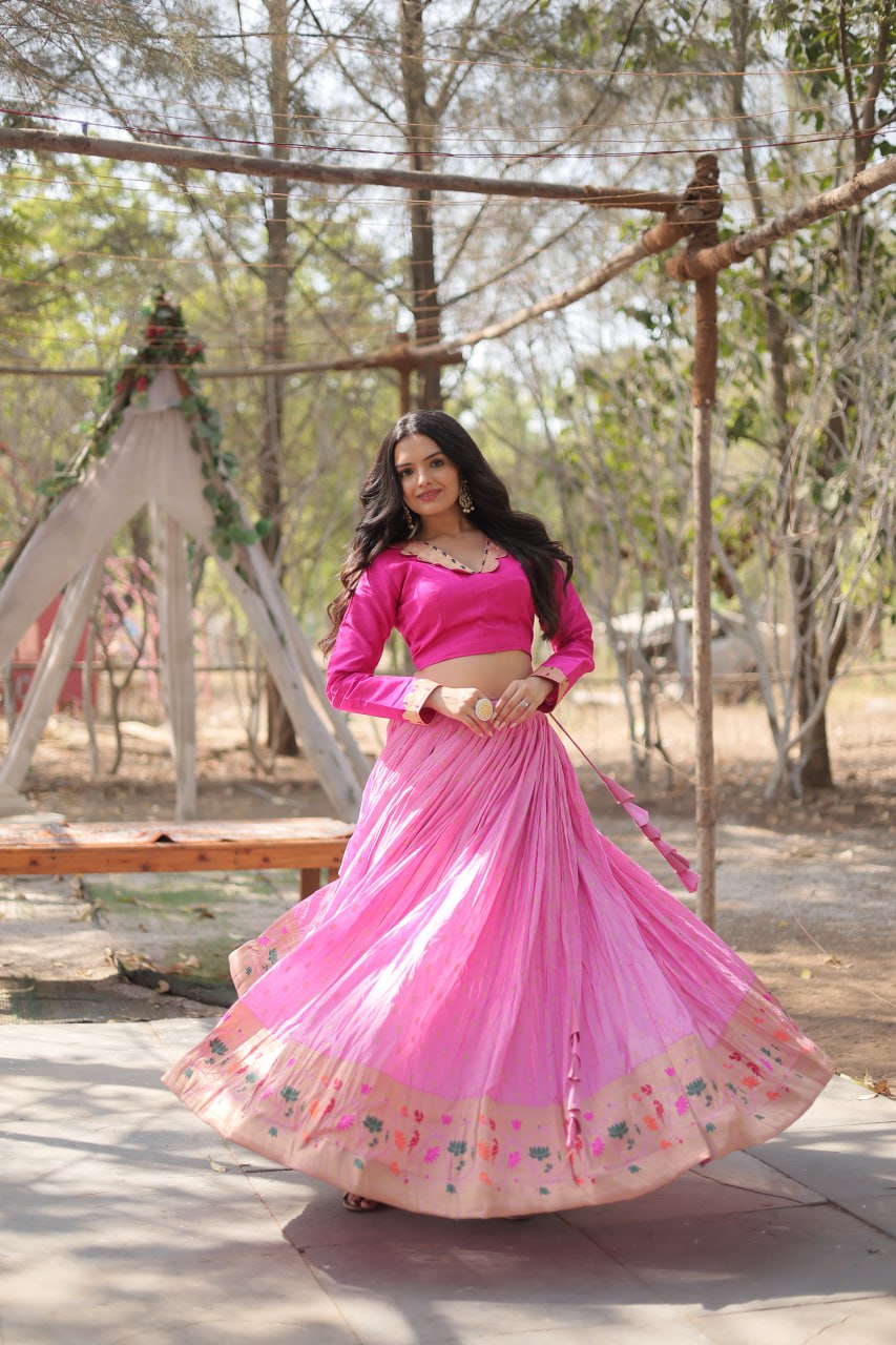 Lorenvalley Pink Pure Viscose Jacquard with Kalamkari Jari Border Lehenga Choli | Grocsy