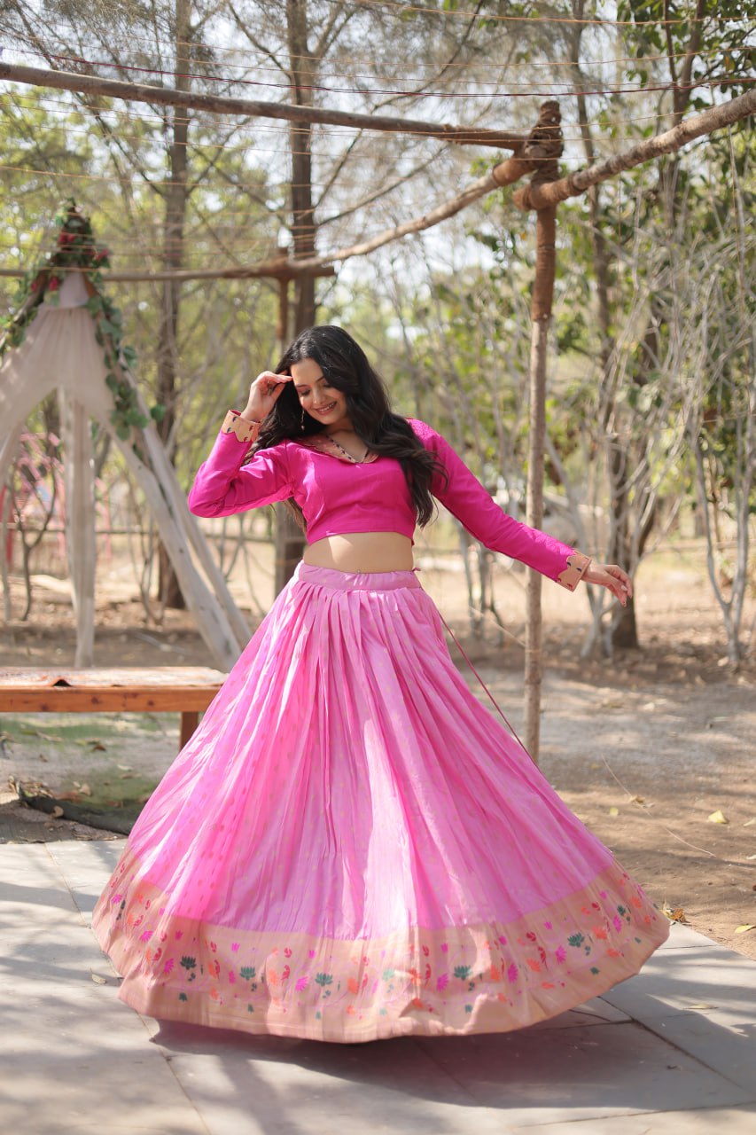 Lorenvalley Pink Pure Viscose Jacquard with Kalamkari Jari Border Lehenga Choli | Grocsy