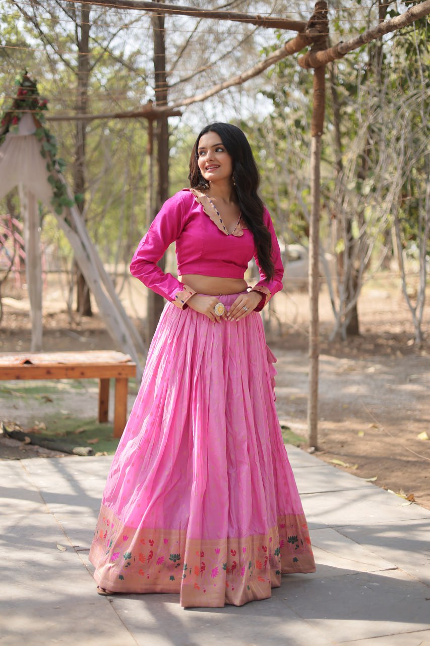 Lorenvalley Pink Pure Viscose Jacquard with Kalamkari Jari Border Lehenga Choli | Grocsy