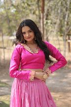 Lorenvalley Pink Pure Viscose Jacquard with Kalamkari Jari Border Lehenga Choli | Grocsy