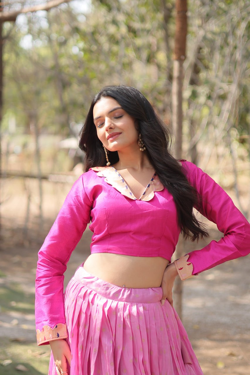 Lorenvalley Pink Pure Viscose Jacquard with Kalamkari Jari Border Lehenga Choli | Grocsy
