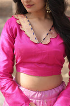 Lorenvalley Pink Pure Viscose Jacquard with Kalamkari Jari Border Lehenga Choli | Grocsy