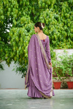 Evanik Designer Vichitra Silk with Rich Embroidered Zari & Thread Work Gown Dupatta | Grocsy