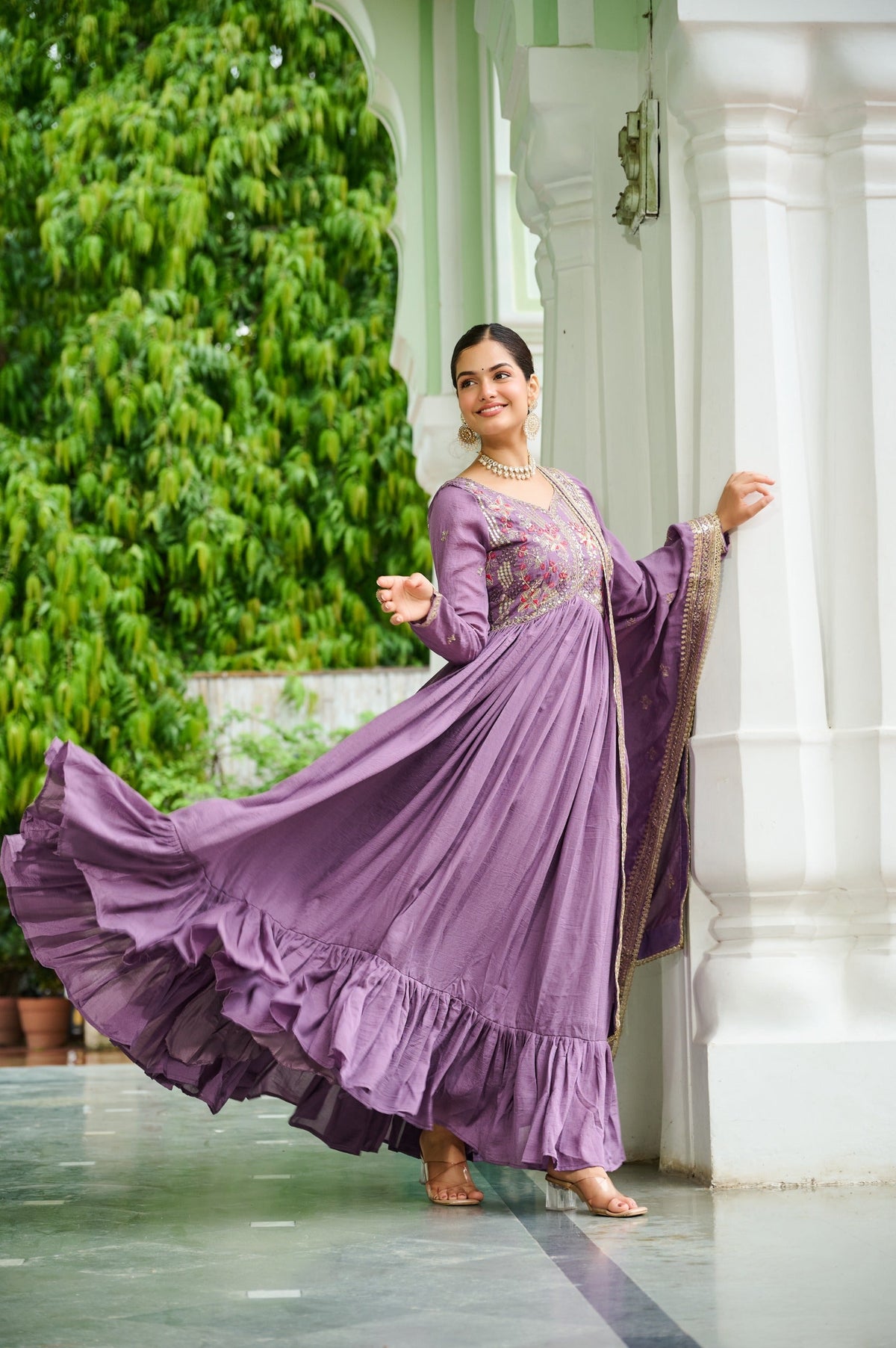 Evanik Designer Vichitra Silk with Rich Embroidered Zari & Thread Work Gown Dupatta | Grocsy