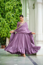Evanik Designer Vichitra Silk with Rich Embroidered Zari & Thread Work Gown Dupatta | Grocsy