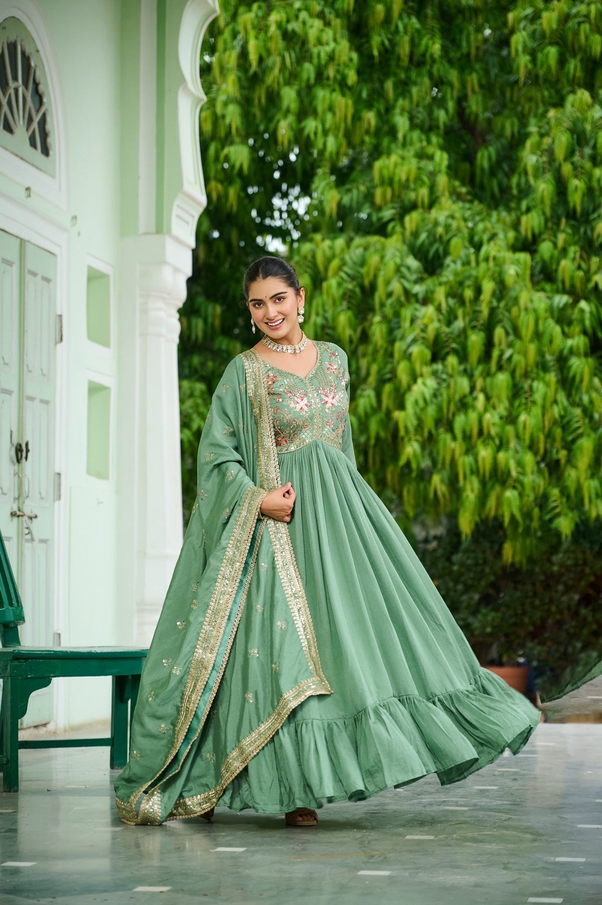 Evanik Designer Vichitra Silk with Rich Embroidered Zari & Thread Work Gown Dupatta | Grocsy