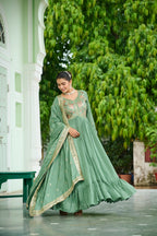 Evanik Designer Vichitra Silk with Rich Embroidered Zari & Thread Work Gown Dupatta | Grocsy