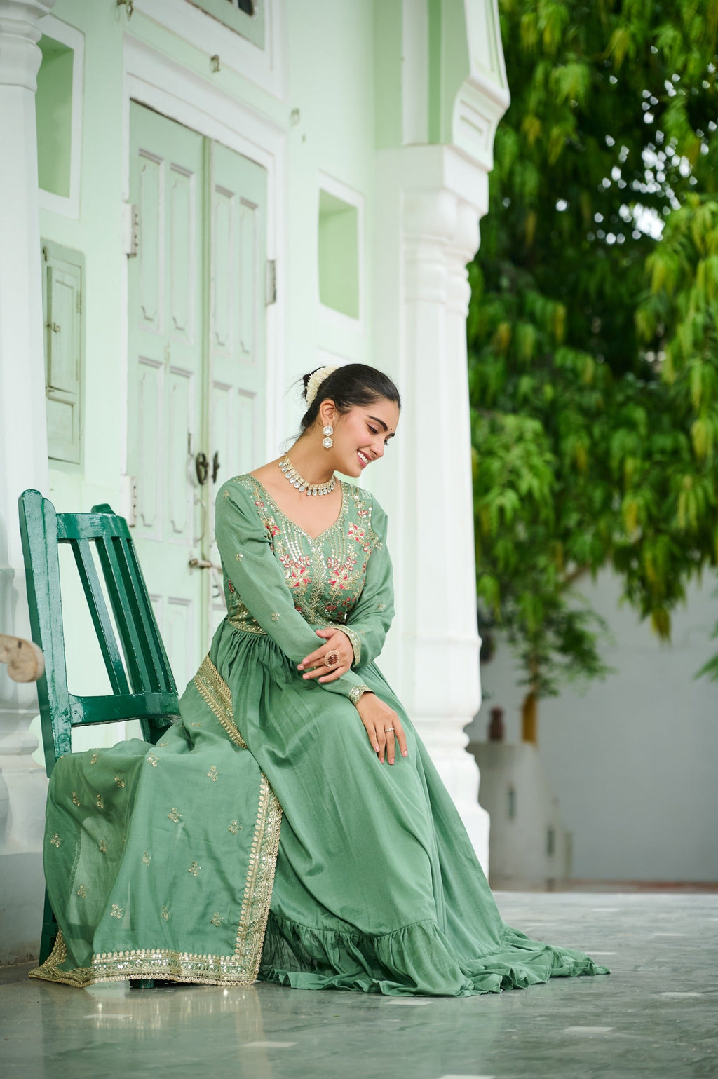 Evanik Designer Vichitra Silk with Rich Embroidered Zari & Thread Work Gown Dupatta | Grocsy