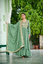 Evanik Designer Vichitra Silk with Rich Embroidered Zari & Thread Work Gown Dupatta | Grocsy