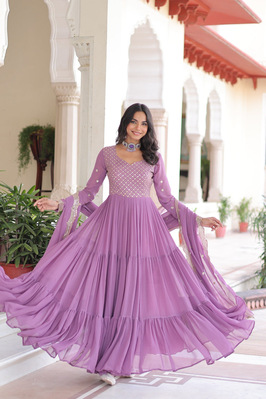 Evanik Onionpink Faux Georgette With Sequins & Zari Embroidered Work Gown Dupatta | Grocsy