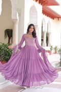 Evanik Onionpink Faux Georgette With Sequins & Zari Embroidered Work Gown Dupatta | Grocsy